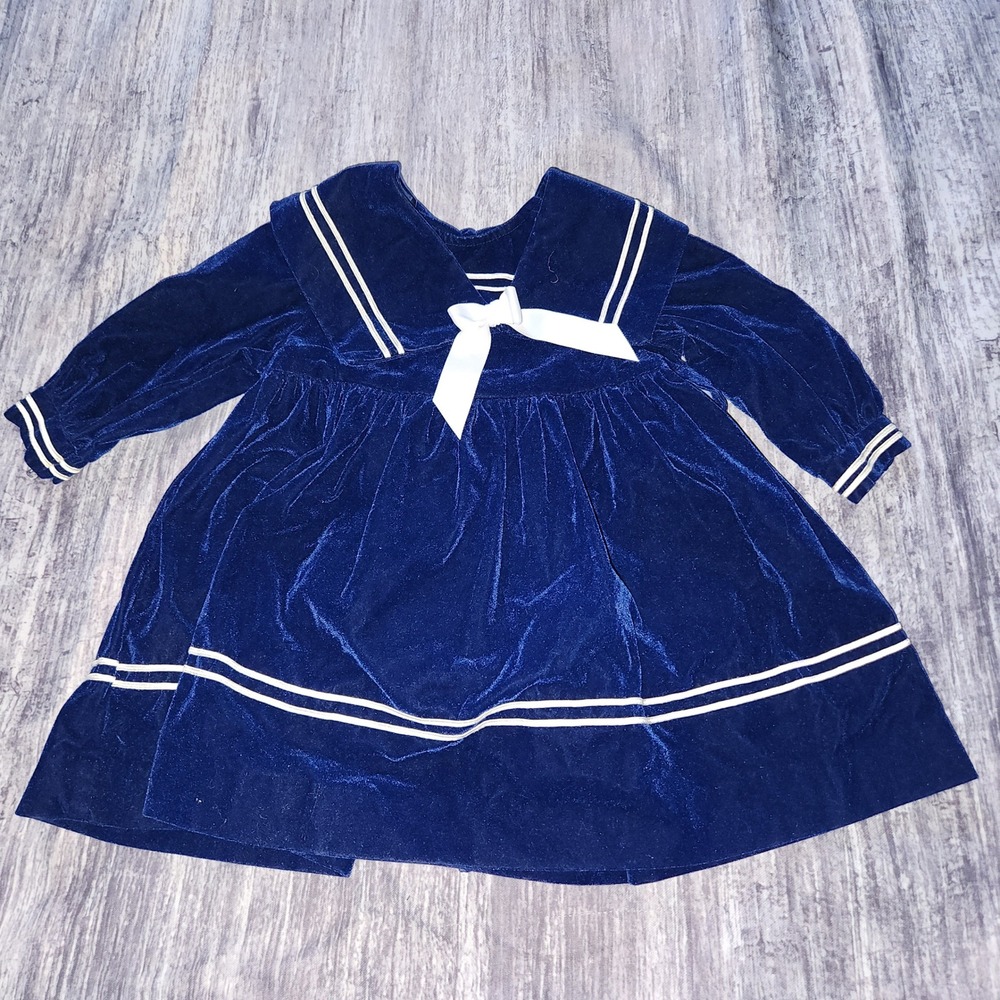 Vintage Navy Blue Velvet Sailor Dress White Trim Girls Party Holiday 18 Mos‎